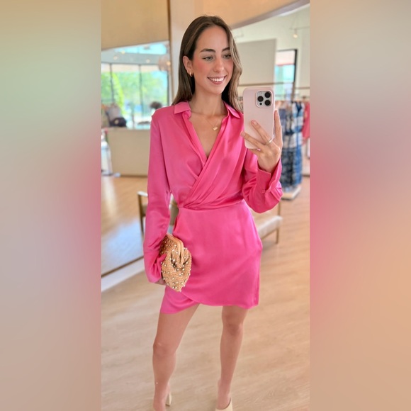 Favorite Daughter the Dinner Party Mini Shirt Dress Flamingo Pink Long Sleeve - Picture 2 of 9